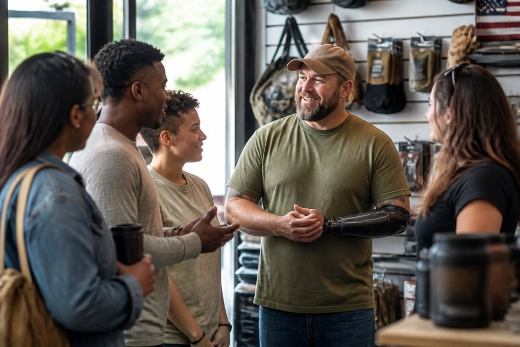 A diverse group of community members talking with a veteran small business owner inside a local shop, with a veteran-owned business sign visible in the background