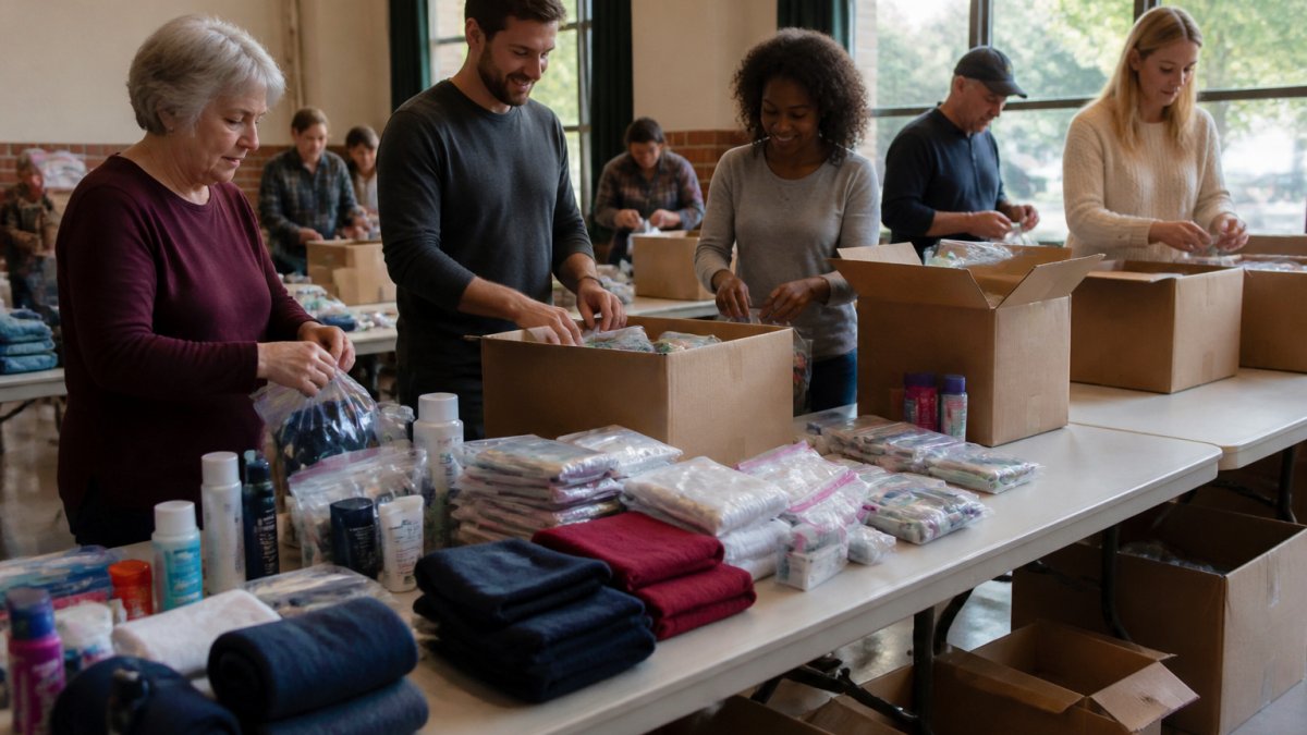 A small group of diverse volunteers of mixed ages packing care packages in a community hall, with boxes labeled for military families and warm natural light filling the room