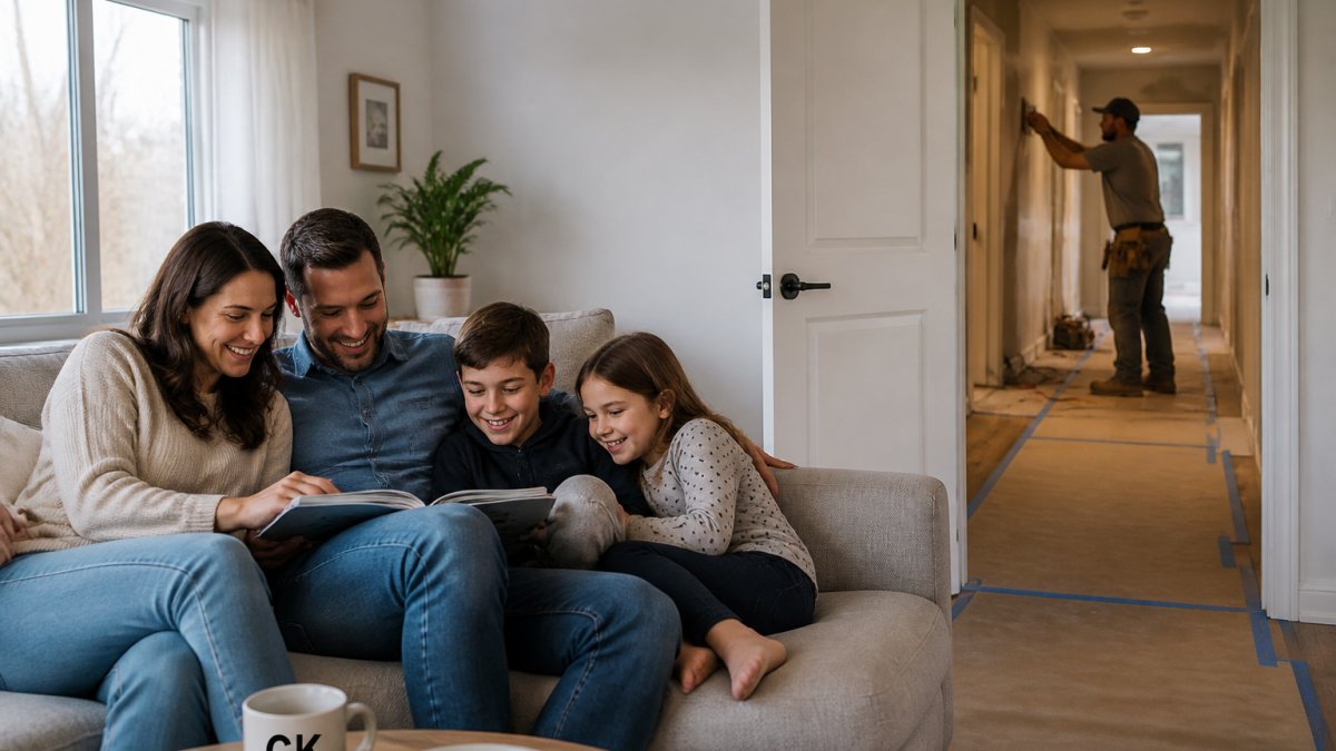 A family relaxing in a clean living room while they survive home renovation work happening in the hallway.
