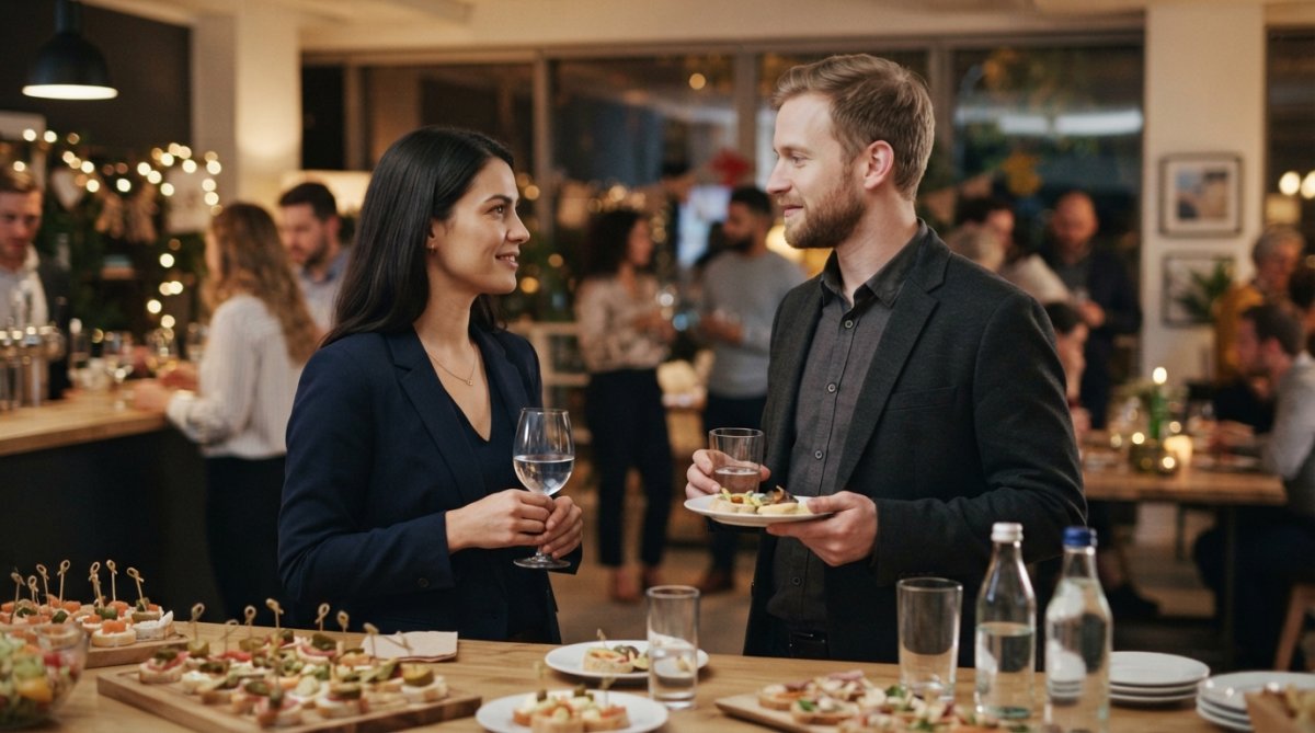 Two professionals engaged in a calm one-on-one conversation at an office gathering, standing near refreshments, both appearing comfortable and focused on each other