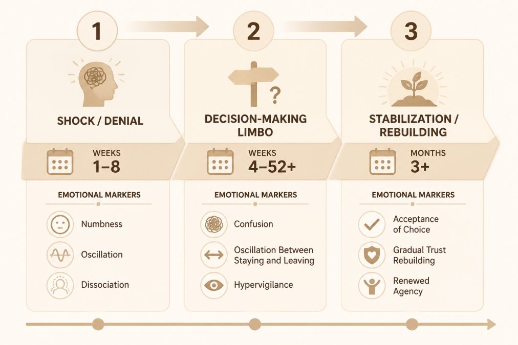 Timeline showing three phases of infidelity recovery: Phase 1 (Shock/Denial, weeks 1-8, emotional markers: numbness, oscillation, dissociation), Phase 2 (Decision-Making Limbo, weeks 4-52+, emotional markers: confusion, oscillation between staying and leaving, hypervigilance), Phase 3 (Stabilization/Rebuilding, months 3+, emotional markers: acceptance of choice, gradual trust rebuilding, renewed agency)