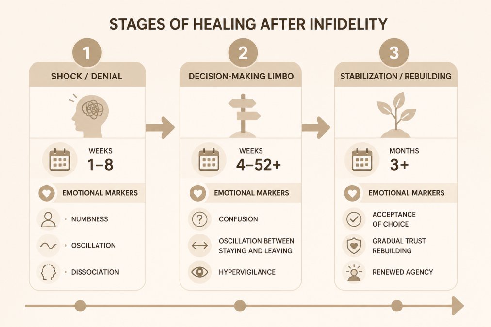 Professional illustration showing Timeline, Phase, Shock, Denial for aftermath of affairs