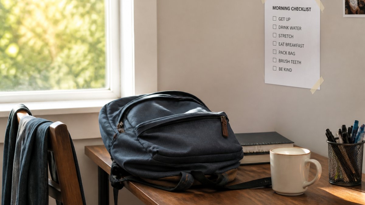 A backpack and coffee mug on a desk with a morning checklist taped to the wall in a sunlit bedroom