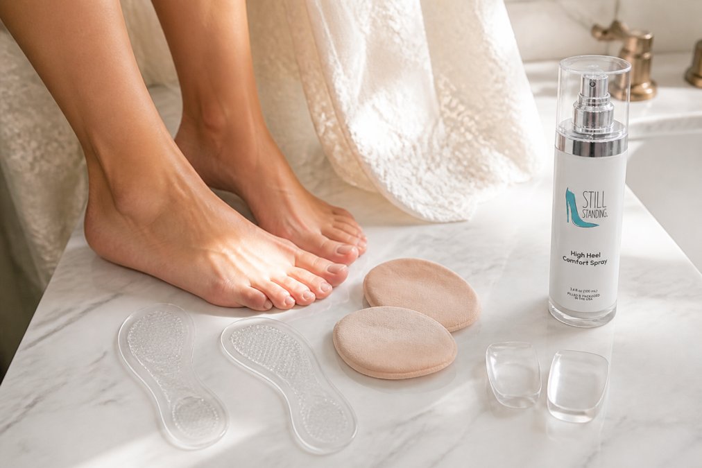 Close-up of a woman's feet showing gel insoles, metatarsal pads, and clear heel stoppers arranged on a white marble bathroom counter next to a wedding dress hem, with natural morning light streaming across the products