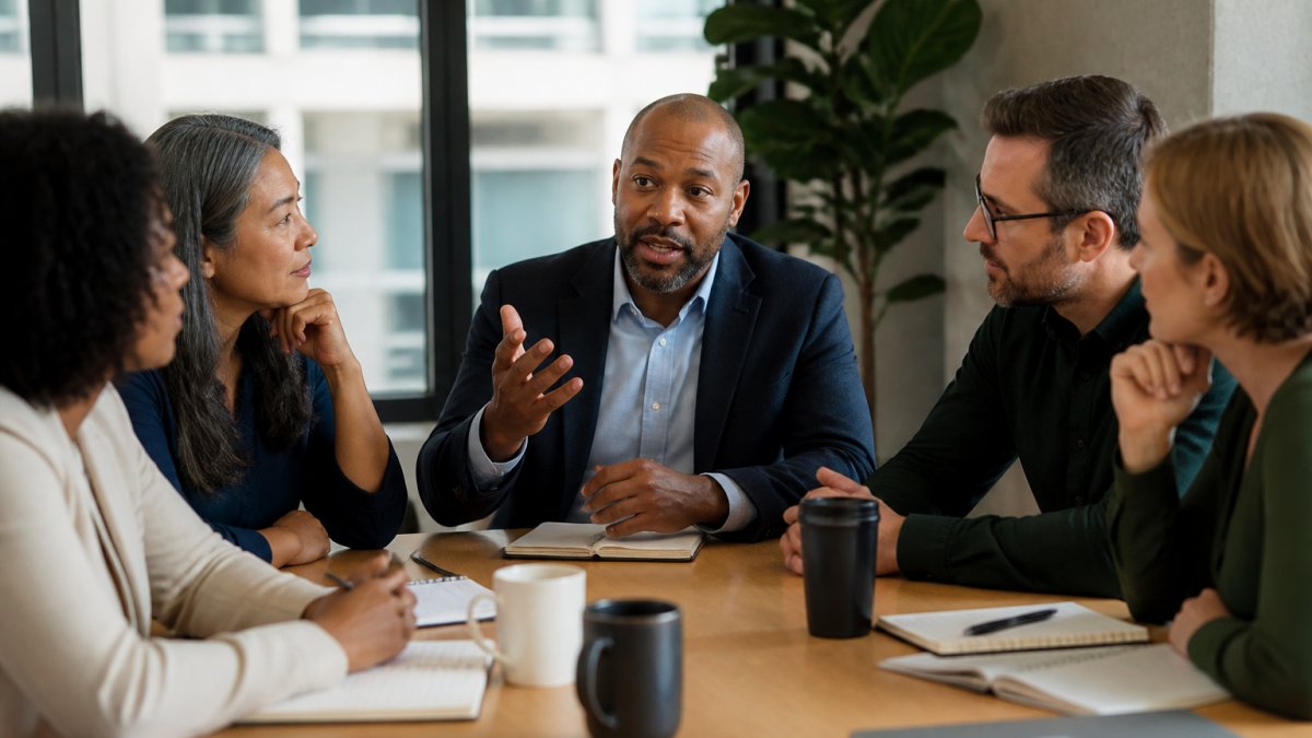 A diverse group of business leaders in a bright conference room engaged in a candid discussion around a table with notebooks and coffee, one person gesturing mid-conversation while others listen attentively