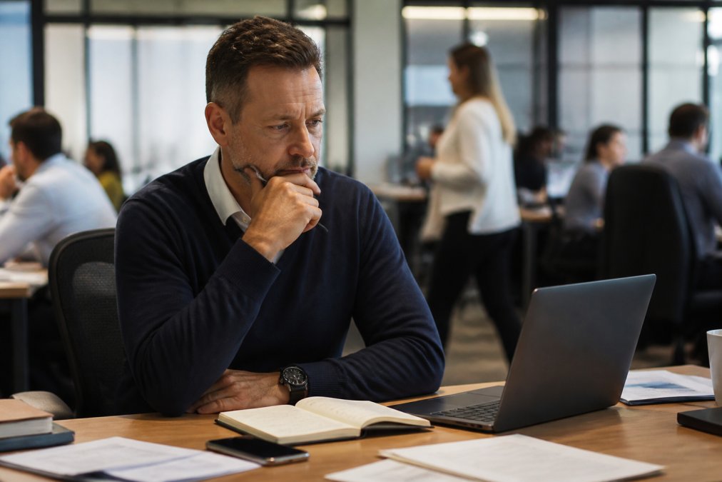 A manager looking pensive at their desk with a notepad and laptop, surrounded by a busy open-plan office in the background