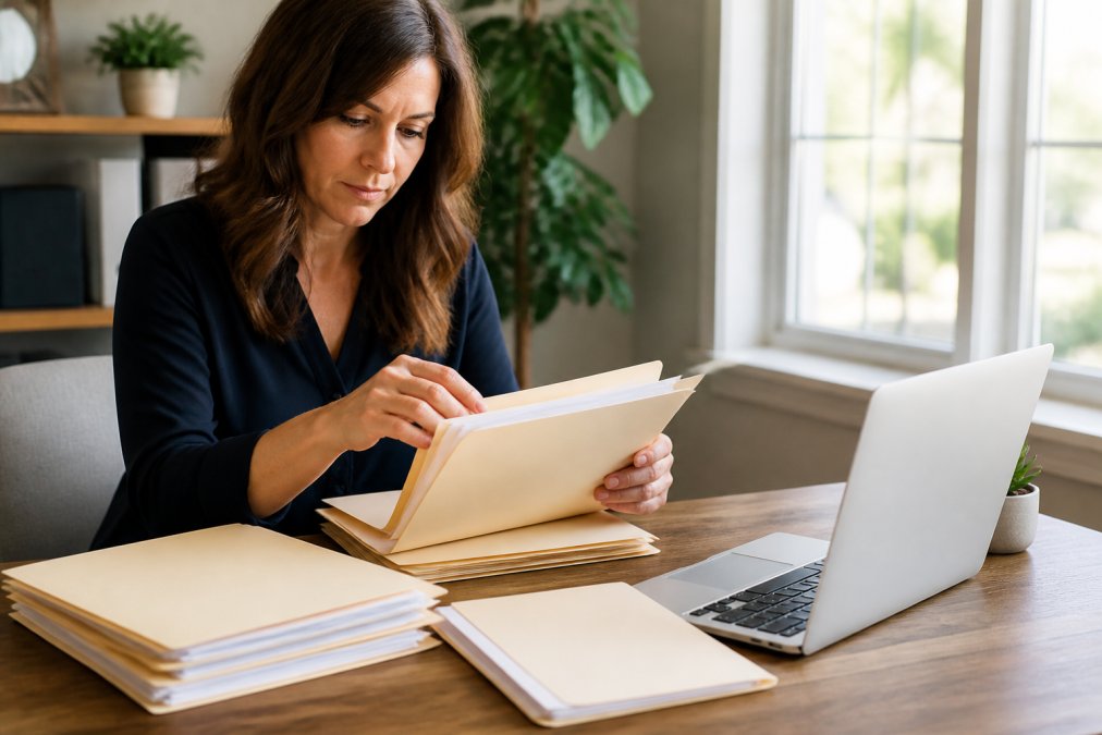 A professional organizer sorting labeled manila folders beside a laptop on a clean wooden desk, soft daylight through a nearby window