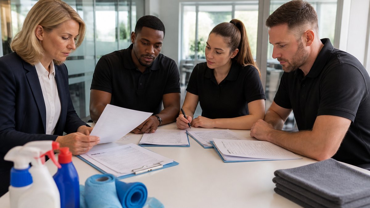 Facilities manager and cleaning team members reviewing documentation and checklists during a site handover meeting in a modern office environment with natural lighting