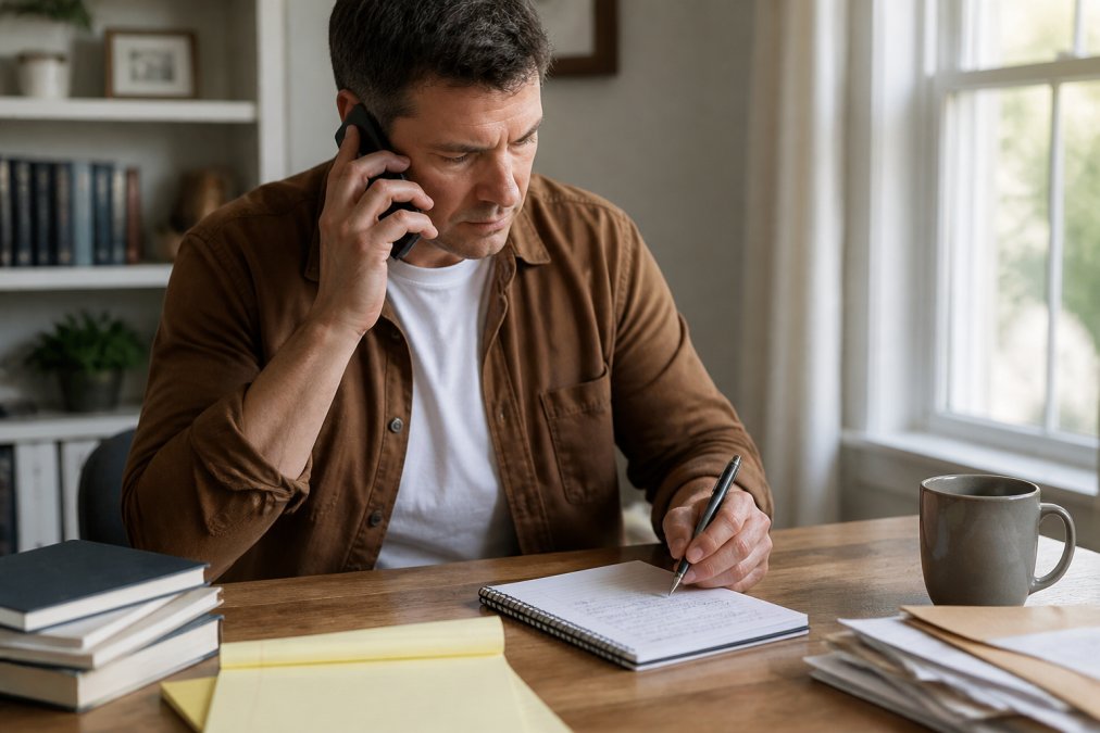 A person sitting at a desk with a phone in hand, looking at a notepad with a list of points, in a home office setting with soft natural light