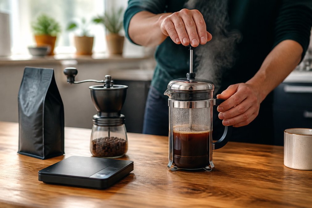 A person pressing the plunger on a French press in a bright kitchen, steam rising, a bag of coffee beans and a hand grinder on the wooden counter beside a set of scaless
