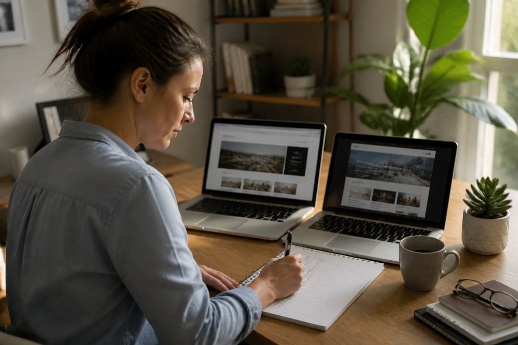 Marketer comparing old and new software dashboards to switch funnel platforms using a printed checklist.