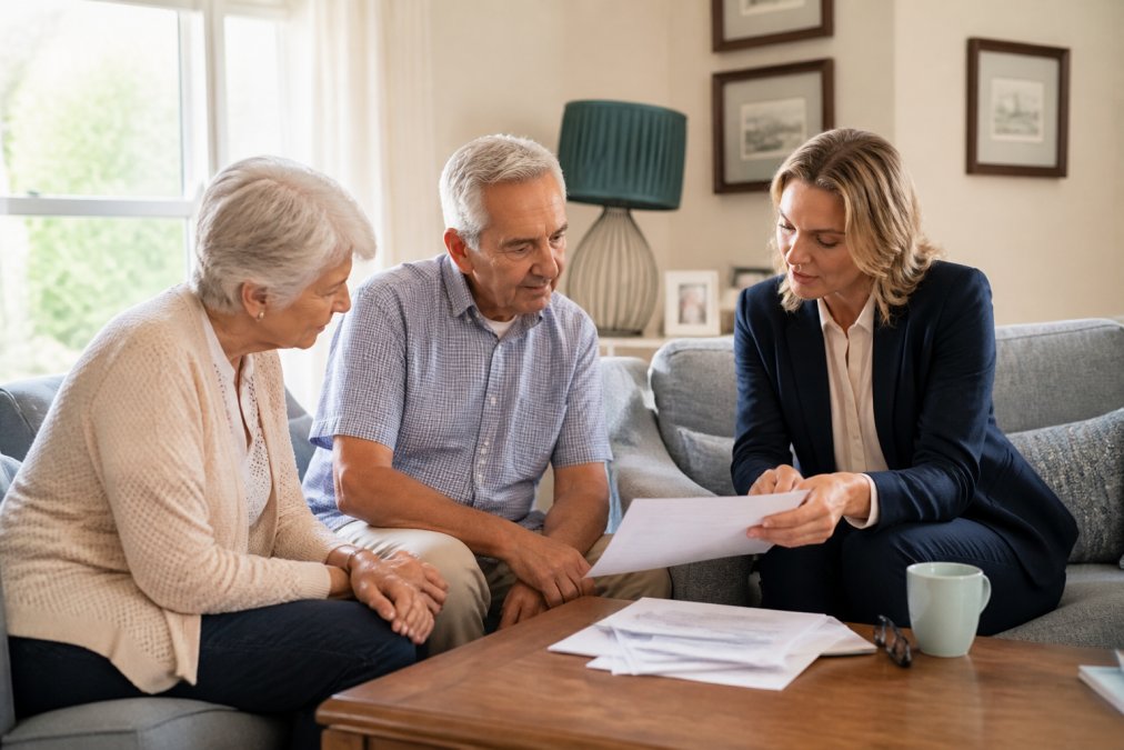 Adult child and elderly parent meeting with a home care agency representative in a comfortable living room, reviewing documents and discussing care options, natural afternoon lighting