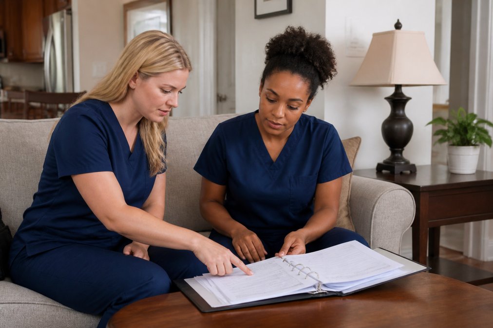Two caregivers during a handoff meeting, one departing and one arriving, reviewing care notes and client preferences at a home visit, reviewing documents together