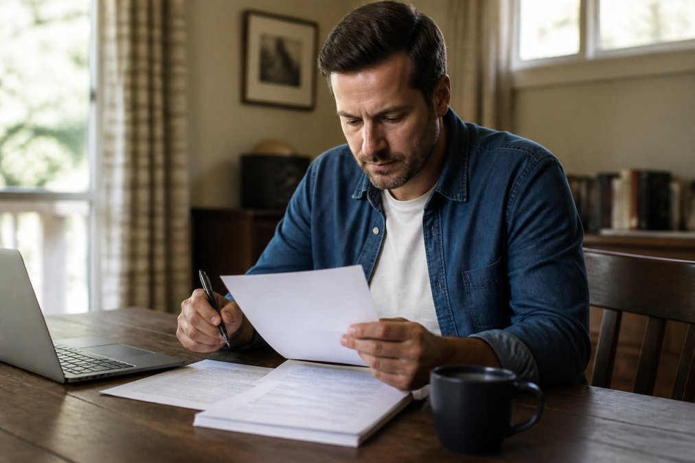 Person sitting at a desk with a laptop, pen in hand, reviewing formal legal documents and a termination letter on paper with a coffee cup nearby