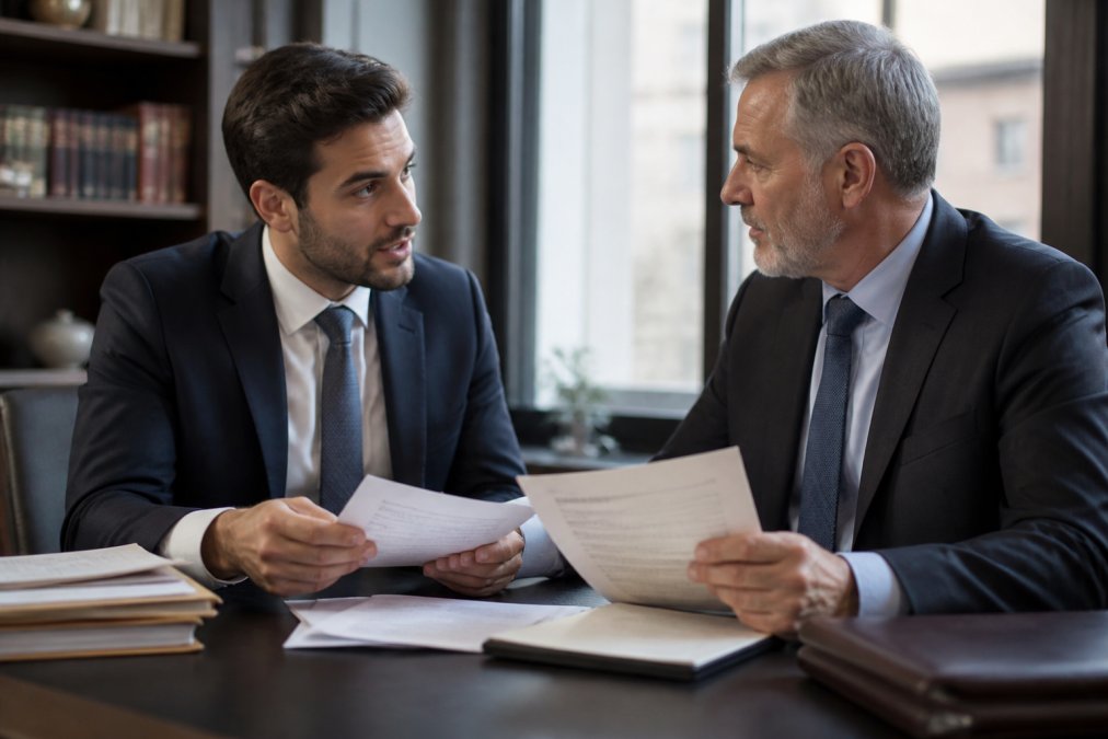 Two professional attorneys in business attire discussing case files and documents across a desk in a modern law office with natural lighting