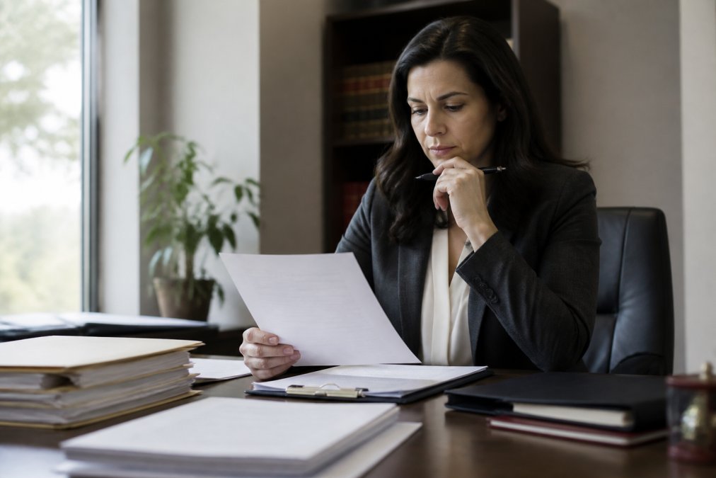 Professional woman in an office reviewing documents at her desk, appearing thoughtful and concerned about an important decision, with natural light from a nearby window