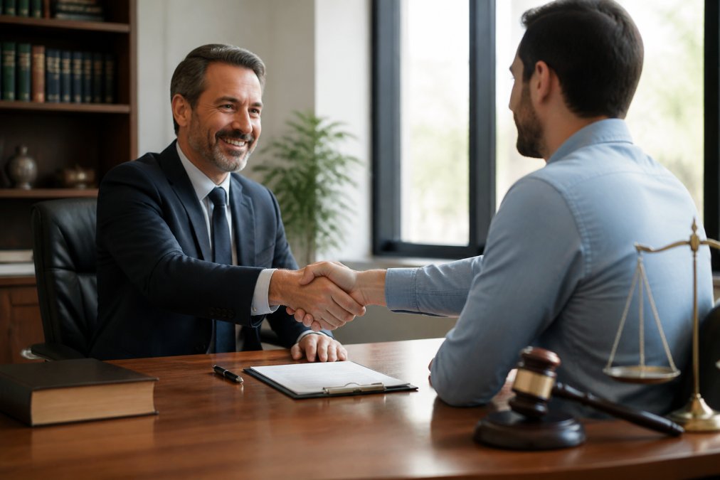 Two professionals shaking hands across a desk in a modern law office with natural lighting, establishing trust and professional agreement