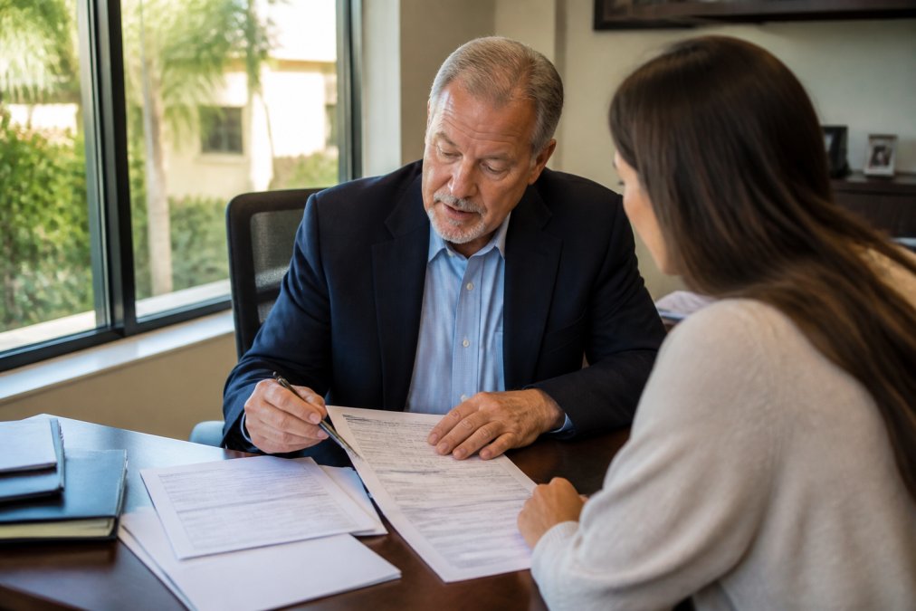 Professional insurance agent sitting at desk with client, reviewing policy documents and discussing coverage options in modern office setting with natural lighting