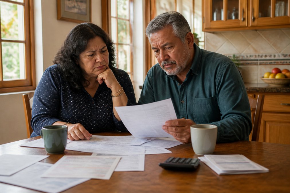 A middle-aged couple reviewing insurance documents together at their kitchen table, papers spread out, looking thoughtful and slightly frustrated under warm afternoon light