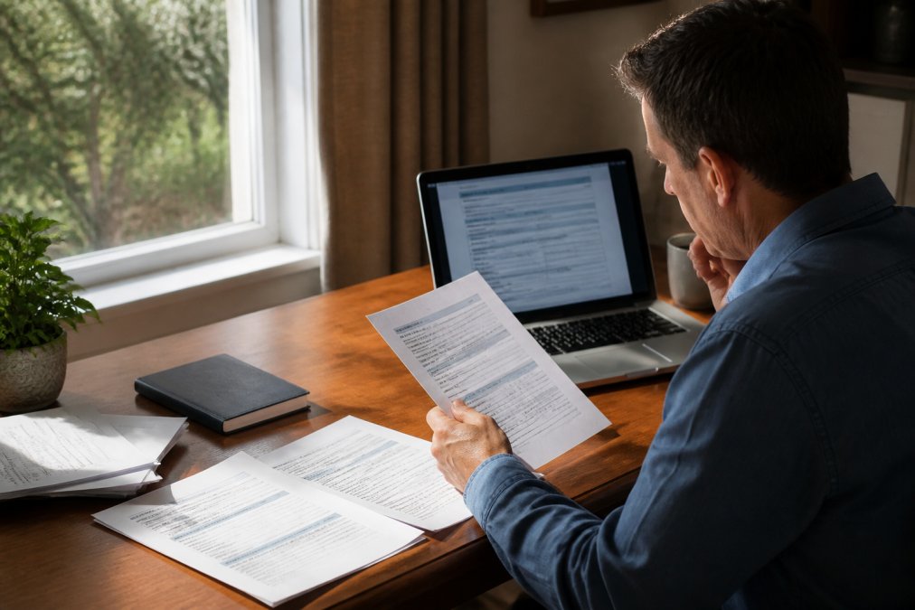 Person sitting at a desk with insurance documents spread out, reviewing a declarations page on a laptop with natural afternoon light coming through a window