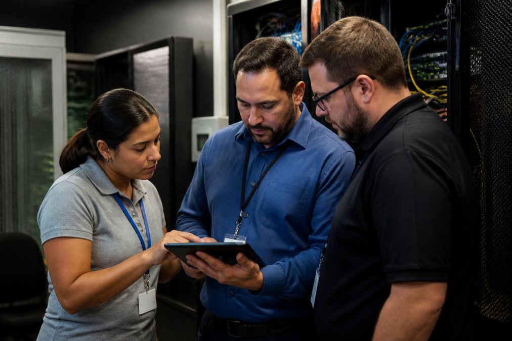 IT professionals reviewing a transition plan with managed IT providers in a server room environment