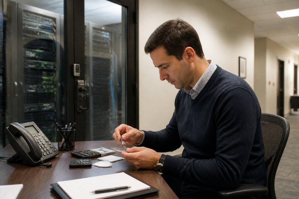 IT professional in business casual attire reviewing access logs and credential management systems on a desktop computer in a secure office environment with locked server room visible in background