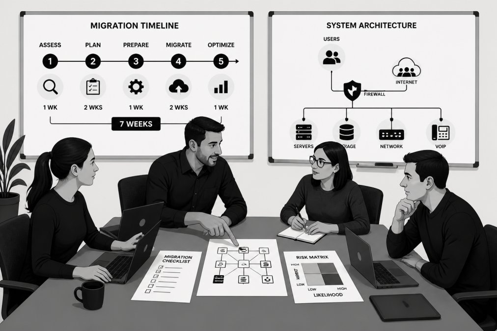 Business team of four people in casual business attire collaborating around a conference table with laptops, printed documentation, and whiteboards showing migration timeline and system architecture diagrams
