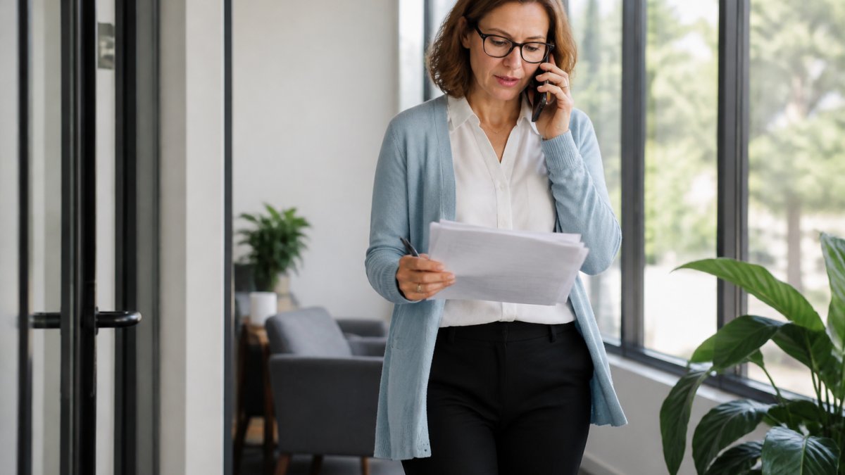 Practice manager reviewing a checklist to switch medical billing companies at a desk with a laptop and coffee.