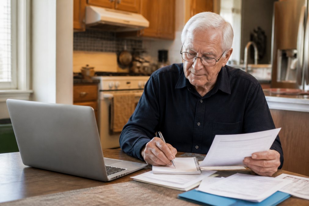 A senior man sitting at a kitchen table with a laptop open, reviewing Medicare plan documents and writing notes on a notepad, looking focused and calm in warm natural light