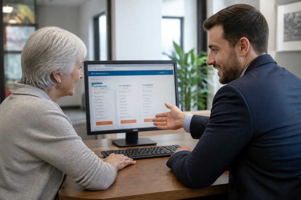 An older woman and a younger male advisor sitting together at a desk, both looking at a computer screen showing a Medicare plan comparison website, engaged in a focused and friendly conversation in a well-lit office