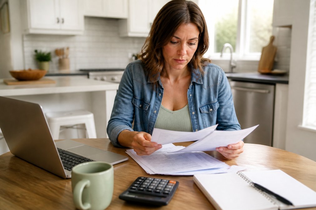 A person reviewing mortgage documents at a kitchen table with a laptop, calculator, and coffee mug, looking focused and organized