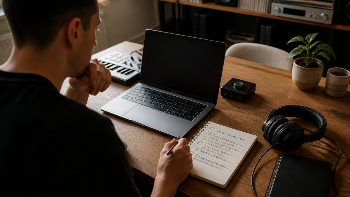 A music producer at a desk with a laptop showing a distribution dashboard, a notepad with a handwritten checklist, and studio headphones nearby in a home studio setting