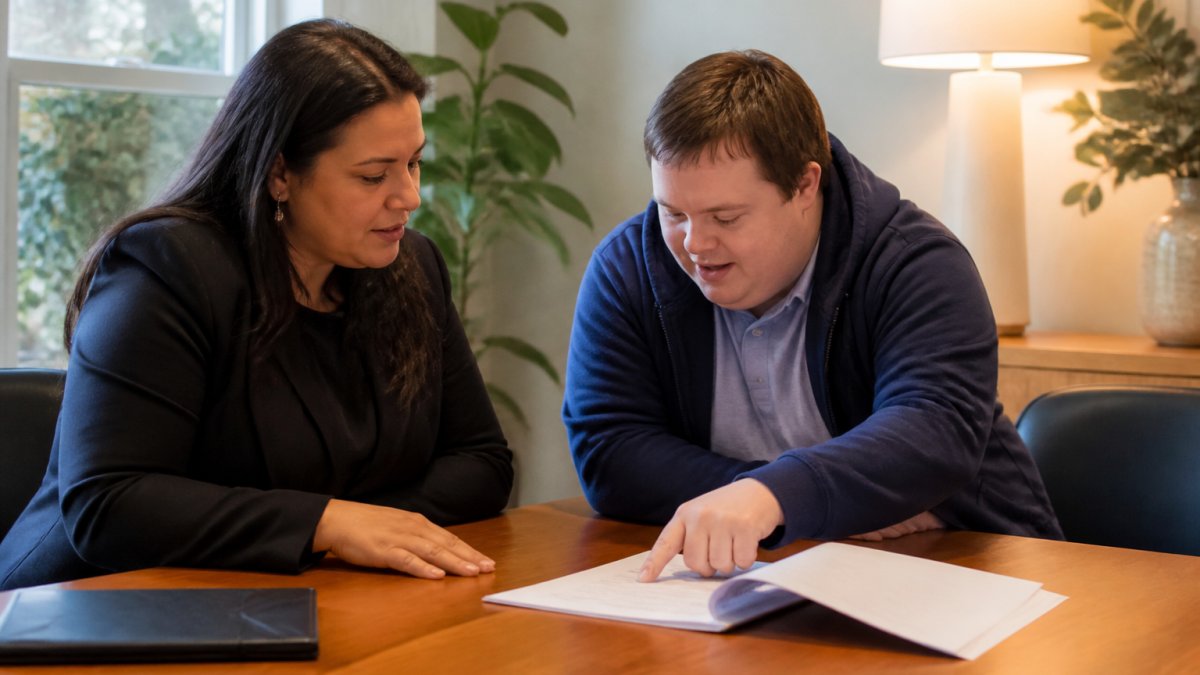 Support coordinator and NDIS participant reviewing transition documents together at a table, with the participant actively pointing to information, natural office lighting, warm professional setting