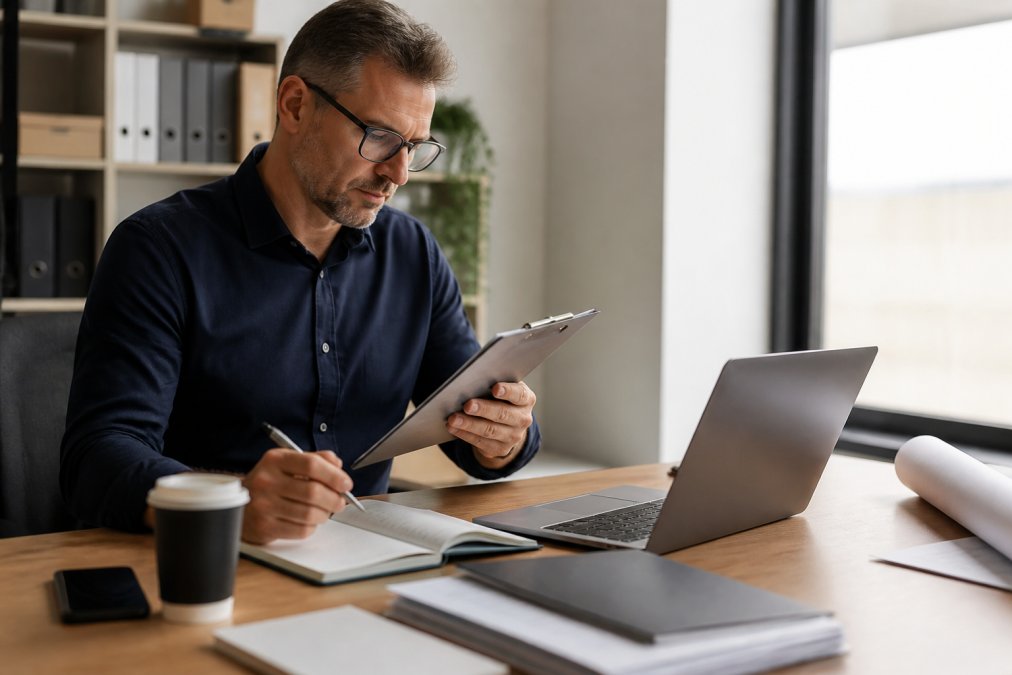A facilities manager in a bright office reviewing a supplier checklist on a clipboard, with a laptop open to a procurement spreadsheet on the desk