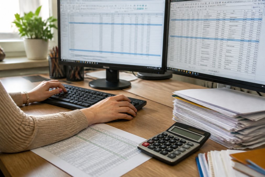 Close-up of a payroll specialist's hands entering data into accounting software on a dual-monitor setup, with payroll registers and a calculator visible on the desk, natural office lighting