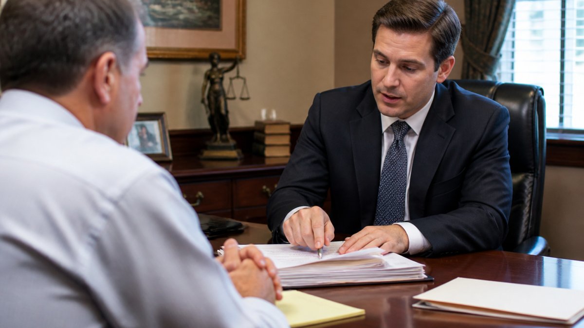 Attorney reviewing legal documents with a client to switch personal injury lawyers in a professional office.