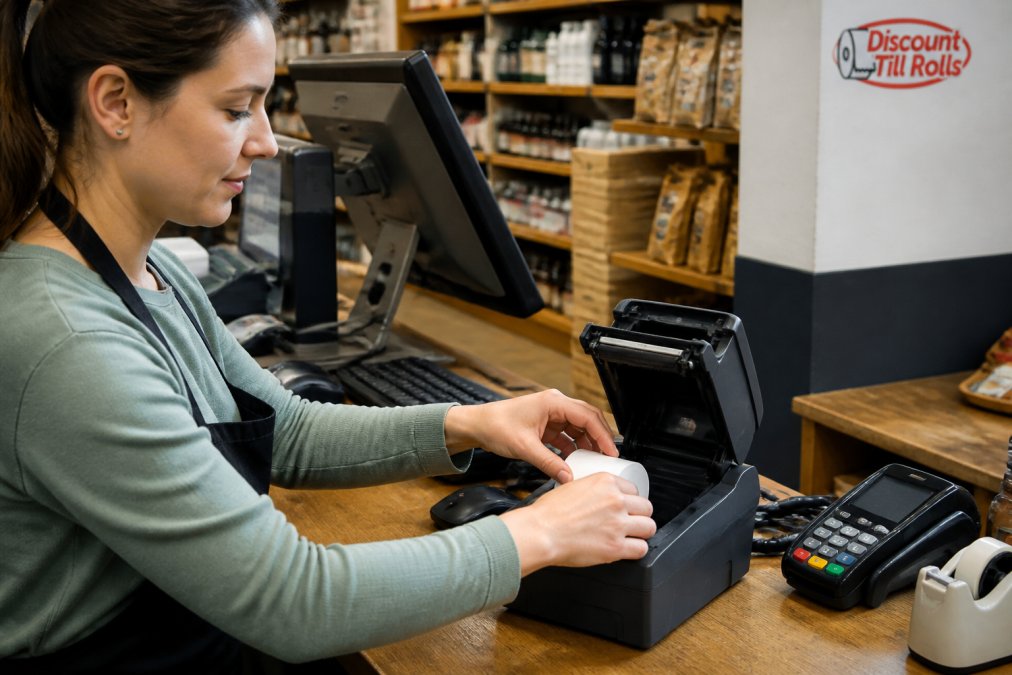 Retail worker at POS terminal loading a thermal paper roll onto the printer spindle, hands positioning the roll correctly with natural shop lighting