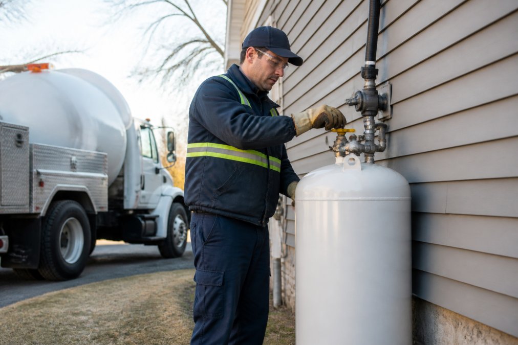 Propane delivery technician in safety gear inspecting a residential propane tank mounted on the exterior of a home during daylight, with the truck visible in the background