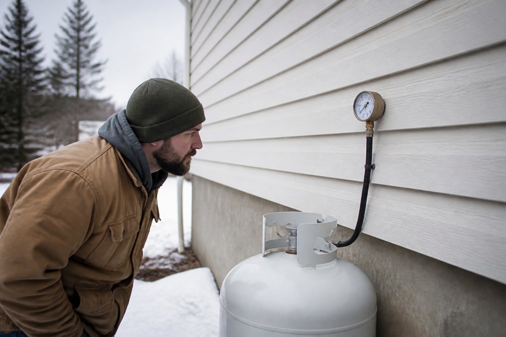 Homeowner in winter clothing checking the propane tank gauge mounted on the exterior wall of their house during cold, overcast weather