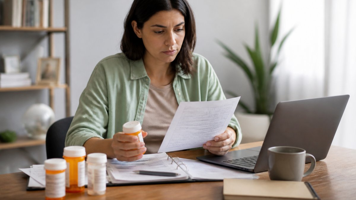 Patient sitting at a desk reviewing medical documents and prescription bottles, with a laptop open for a telehealth appointment in the background