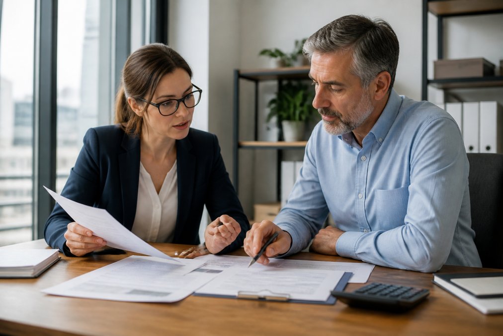 Real estate professional and CPA reviewing property documents, depreciation schedules, and financial statements together at a desk in a modern office with natural light from windows