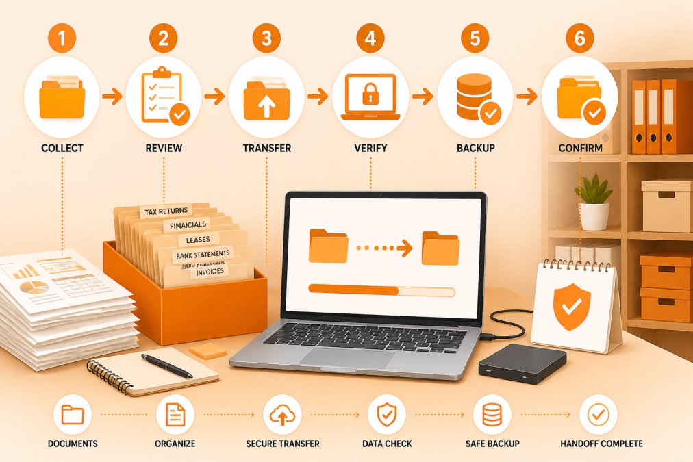 Professional organizing financial documents, folders, and digital files on a desk with laptop showing secure file transfer and backup process, with organized filing system in background