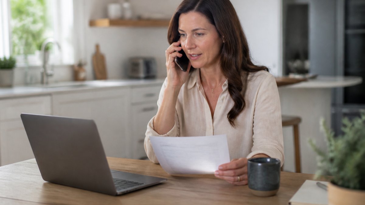 A professional woman sitting at a kitchen table with a laptop and a printed contract, speaking on the phone with a calm, focused expression