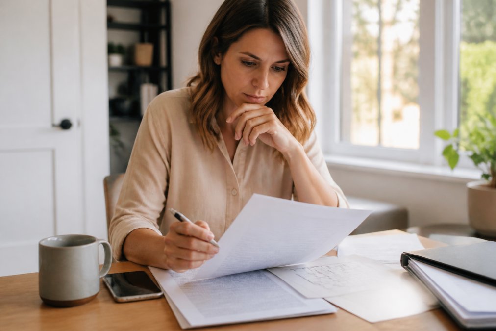 Professional homebuyer sitting at desk reviewing real estate contracts and documents with a pen in hand, looking focused and thoughtful in a bright home office with natural light streaming through windows