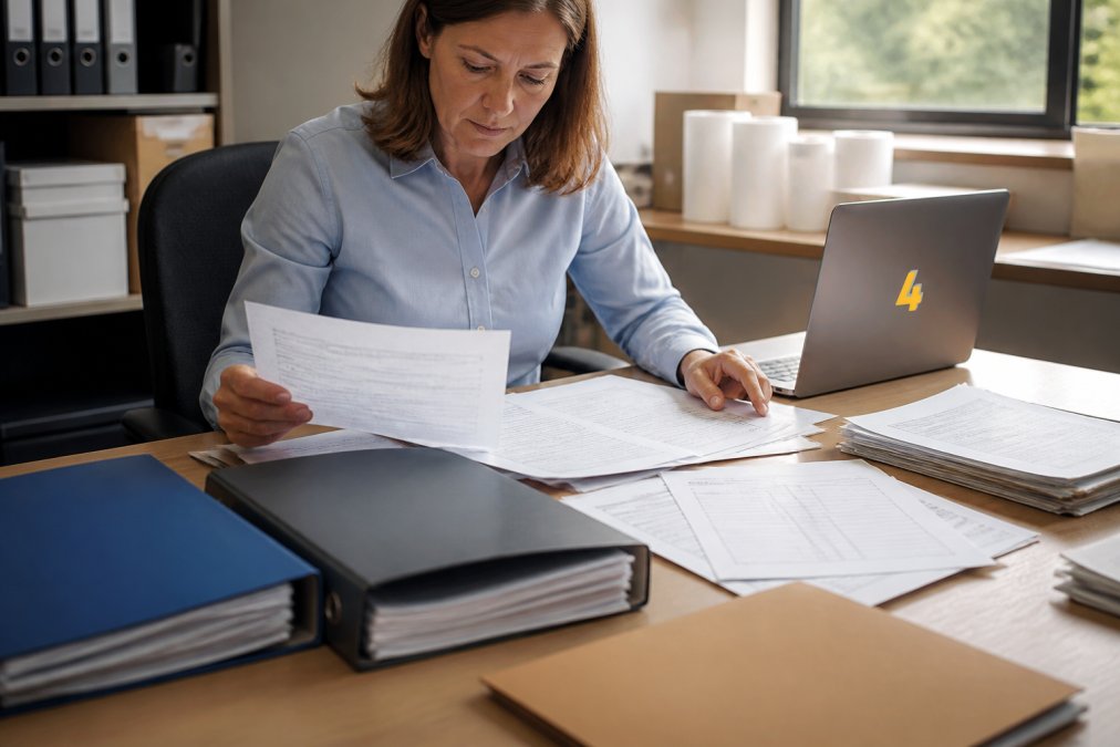 Retail manager reviewing supplier contracts, inventory spreadsheets, and delivery records spread across a desk with a laptop and multiple folders in natural office lighting