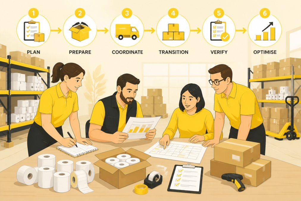 Team members collaborating around a table with delivery boxes, stock items, and order documents, coordinating the supplier transition process in a bright warehouse setting