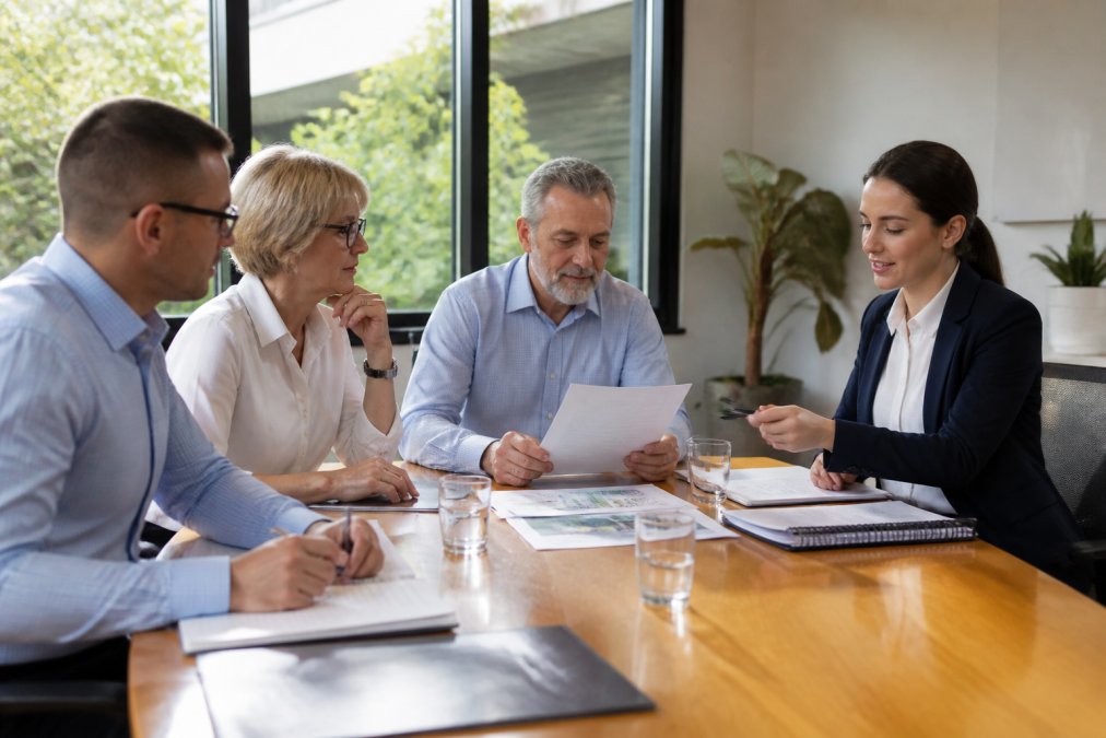Professional committee members sitting around a polished wooden meeting table reviewing strata management documents and discussing proposals with a consultant in a modern office setting with natural light