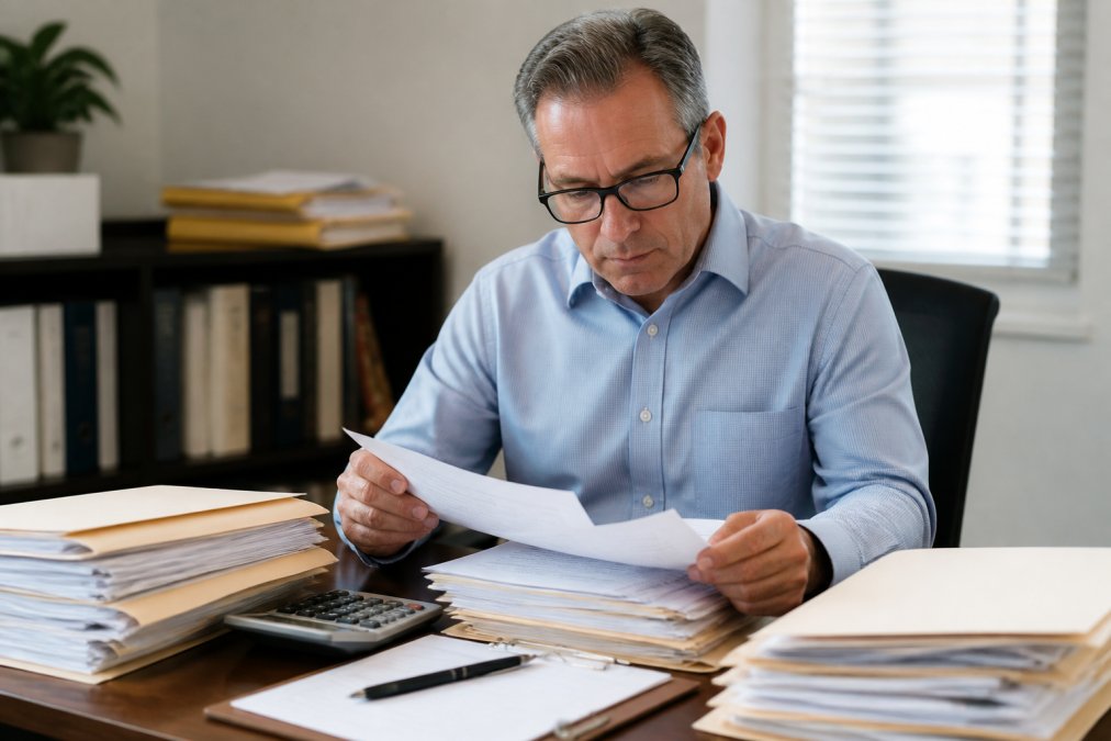 Professional accountant sitting at organized desk with file folders, financial documents, and calculator, preparing to transition client records with focused expression