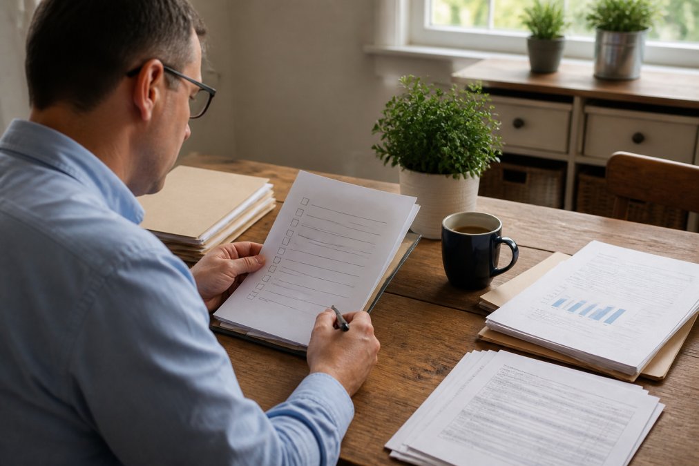 Business owner reviewing detailed checklist on tablet with financial documents, coffee, and organized workspace on wooden desk with natural morning light