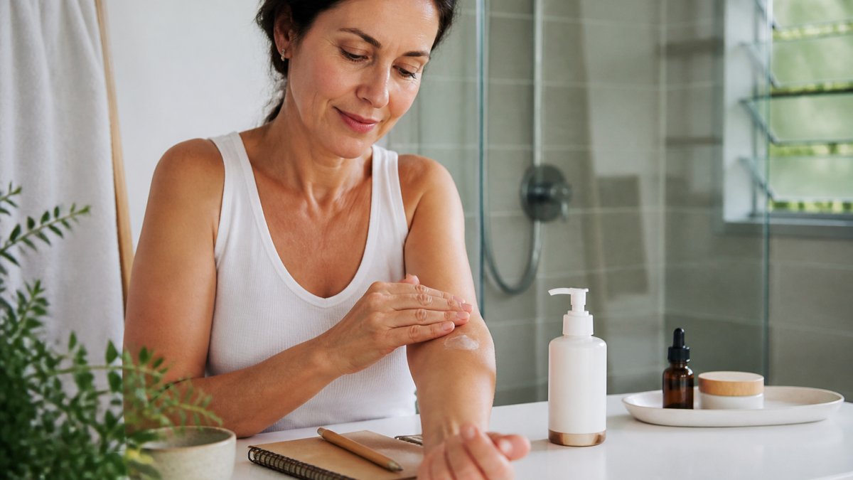 Close-up of a woman in her forties applying a small patch of moisturiser to her inner forearm in a bright bathroom, with a simple skincare bottle and notebook nearby